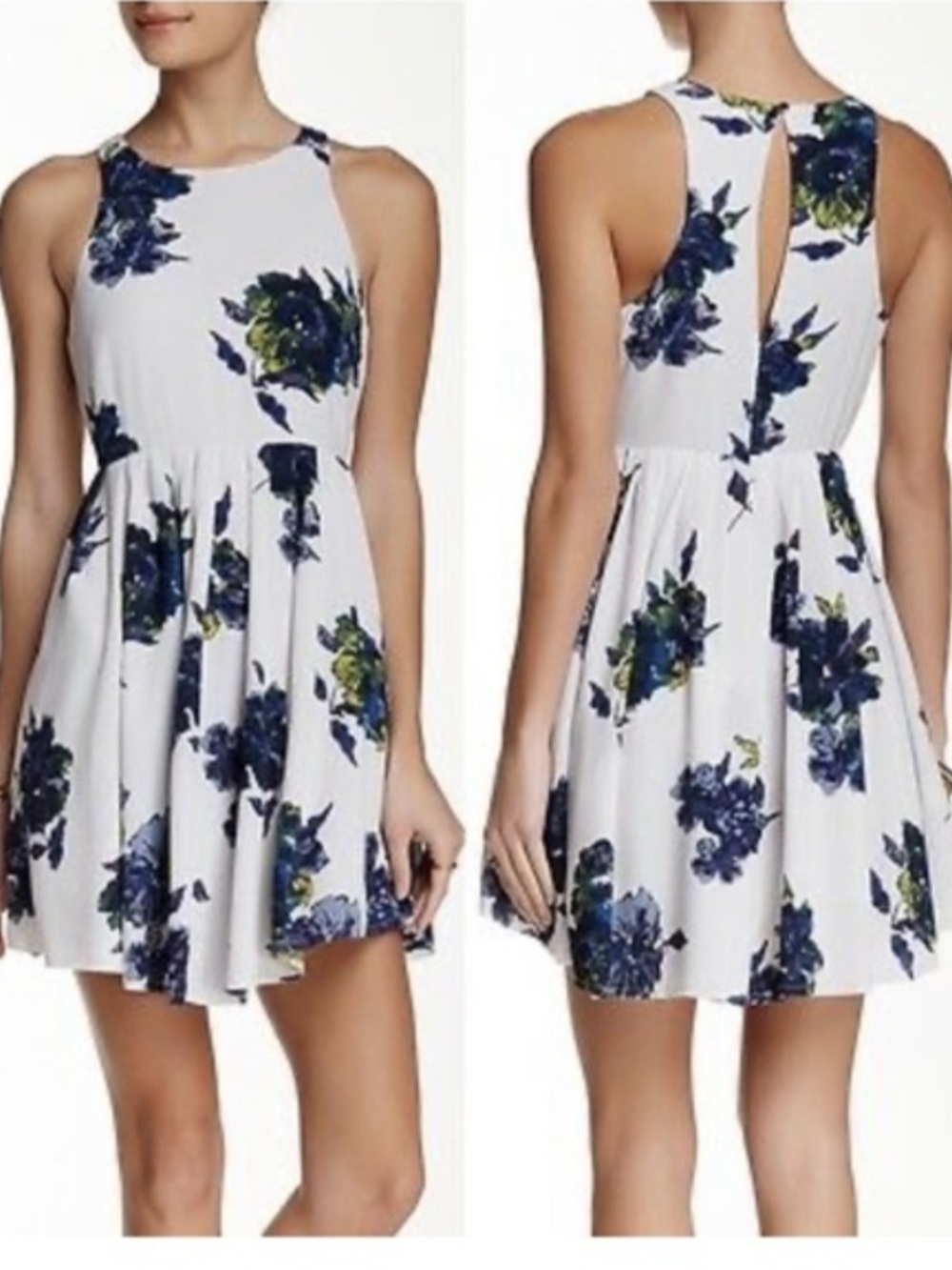 Free People White And Navy Floral Flutter By Pleated Dress